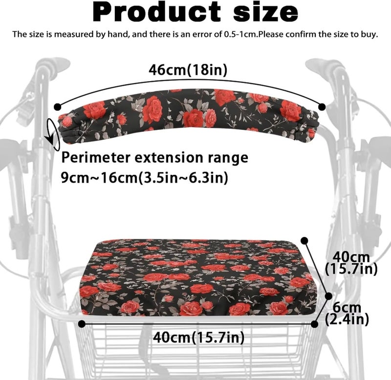 Hechitok Red Rose Rollator Walker Accessories Walker Seat Covers for Ladies Roller Bar Covers Walkers for Seniors with Seat Cover for Seniors - Image 5